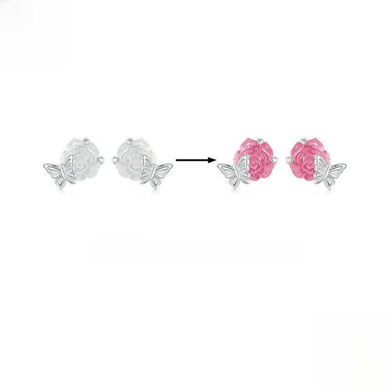 Aretes botón rosa con mariposa de plata 925 – Estilo Romántico
