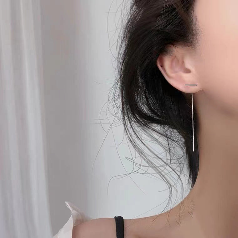 Aretes Largos de Cadena en Plata Pura 999 – Estilo Enhebrador Minimalista y Elegante