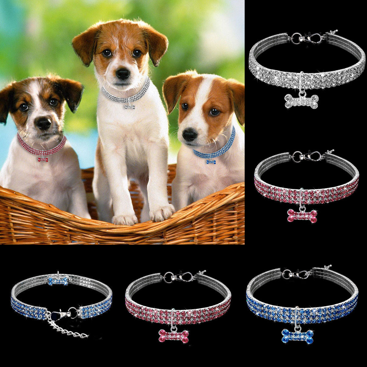 Collar de cristales brillantes para perro con charm de hueso