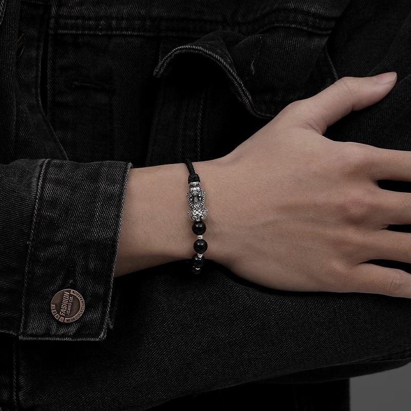 Pulsera de hombre de obsidiana negra con plata: regalo de cumpleaños, trenzado, perlas, atrayendo riquezas