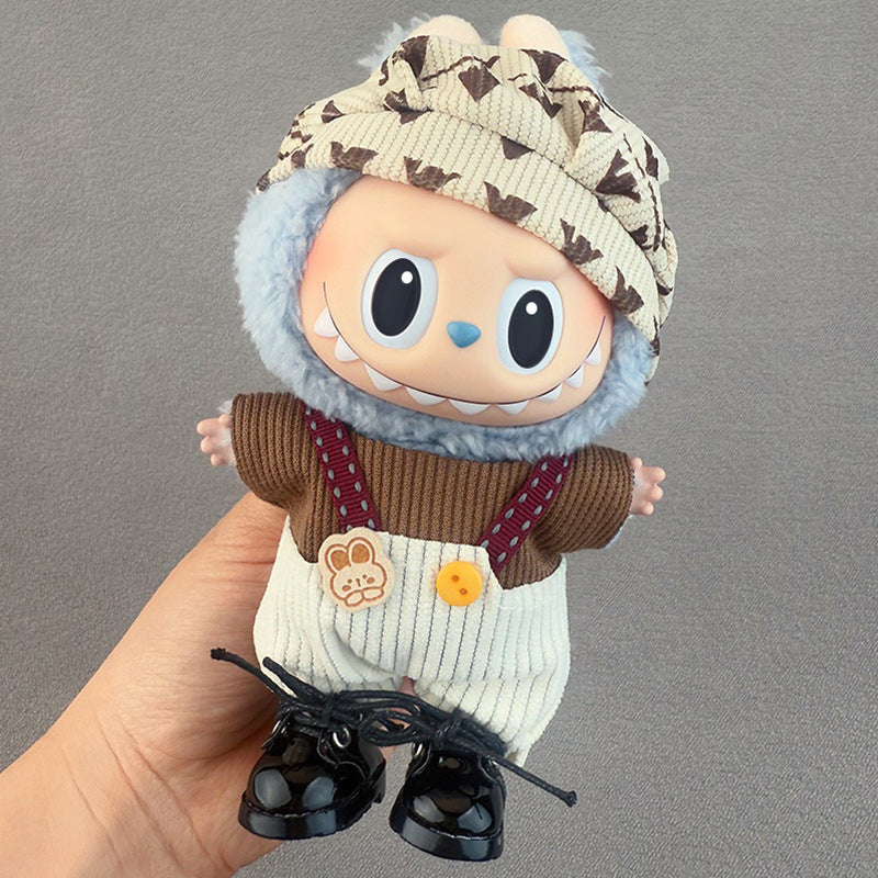 Conjunto marrón con gorro estampado para muñeca Labubu de 17cm, ropa estilo retro para figuras de colección.