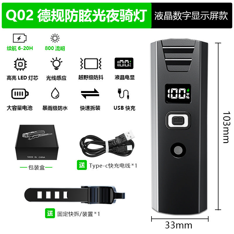 Faro Q02 con pantalla digital, 800 lúmenes y carga rápida USB, ideal para ciclismo nocturno en carretera y montaña.