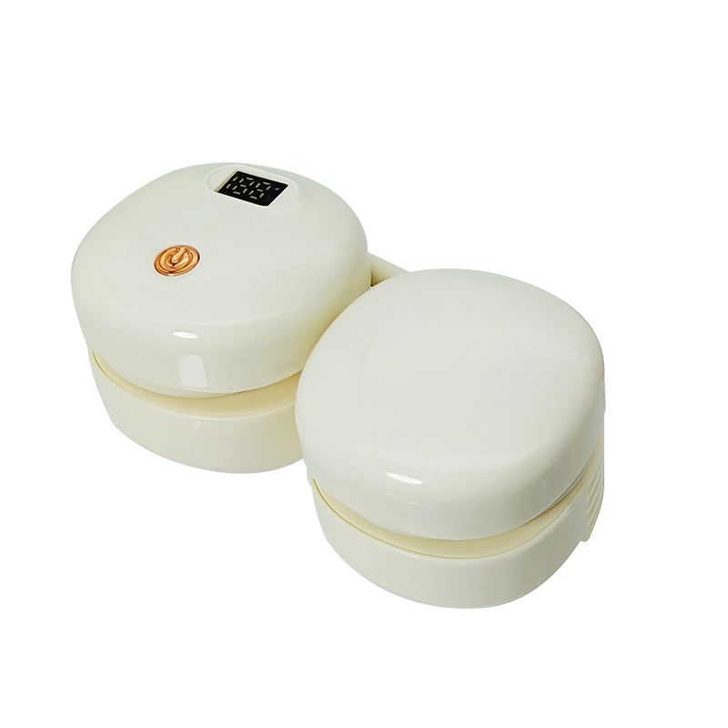 Mini ventilador portátil USB recargable en color crema, con diseño plegable y pantalla digital. Perfecto para uso personal en cualquier lugar.