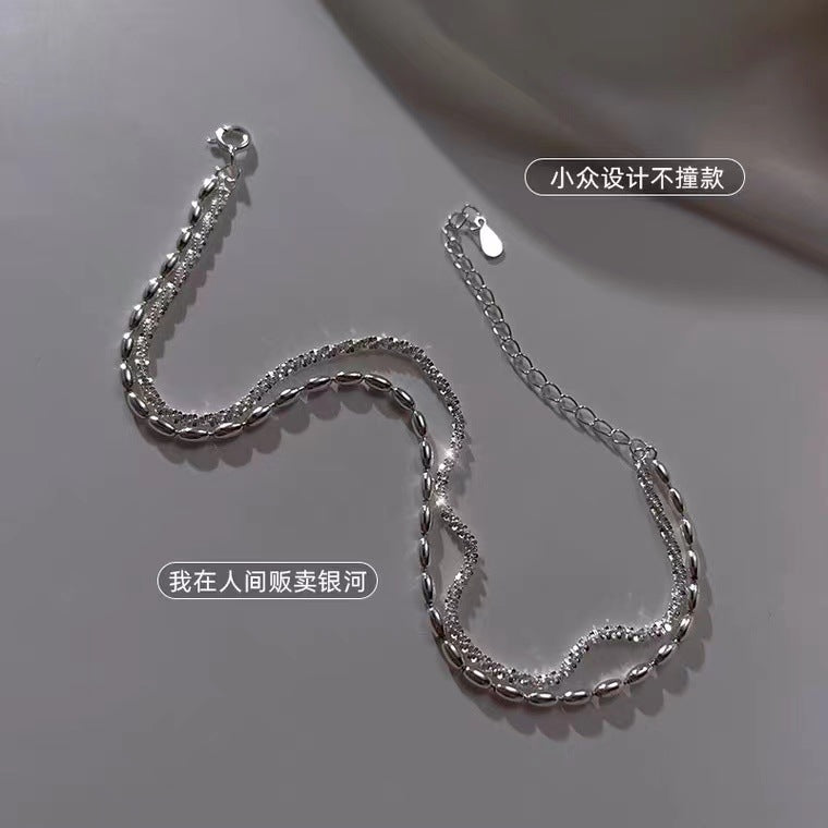 Pulsera de Tobillo en Plata 925 – Doble Capa con Perlas Metálicas y Brillantes
