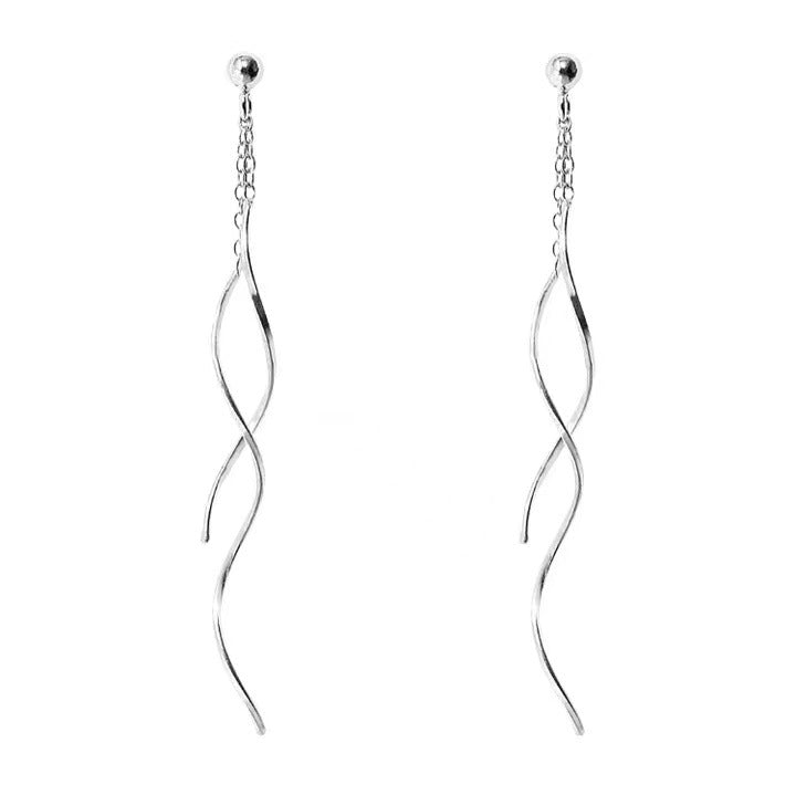 Pendientes de plata S925: aretes largos con línea ondulada, estilo francés, con borlas, diseño exclusivo, elegancia europea