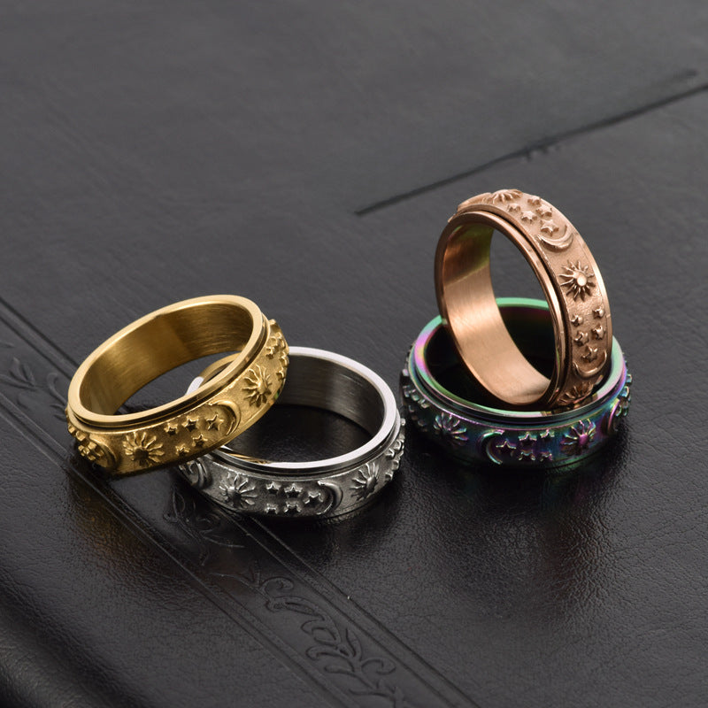 Anillo Antiestrés Grueso Unisex – Sol, Luna y Estrellas en Acero Inoxidable