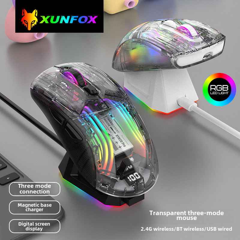 Raton Gaming Inalámbrico RGB XYH20 Pro: Mouse Bluetooth de Tres Modos con Pantalla y Base de Carga Transparente
