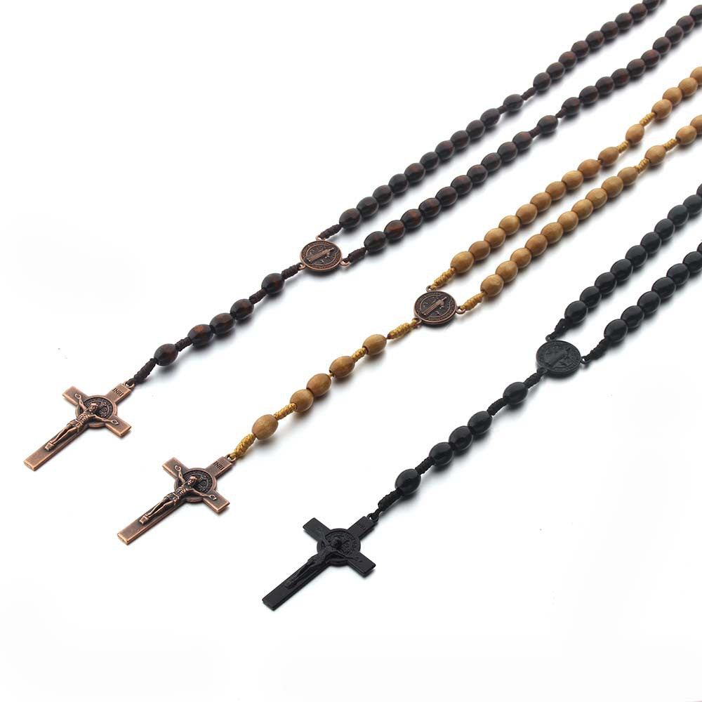 Rosario tradicional de Madera con Cruz – Colores Café Claro, Oscuro y Negro