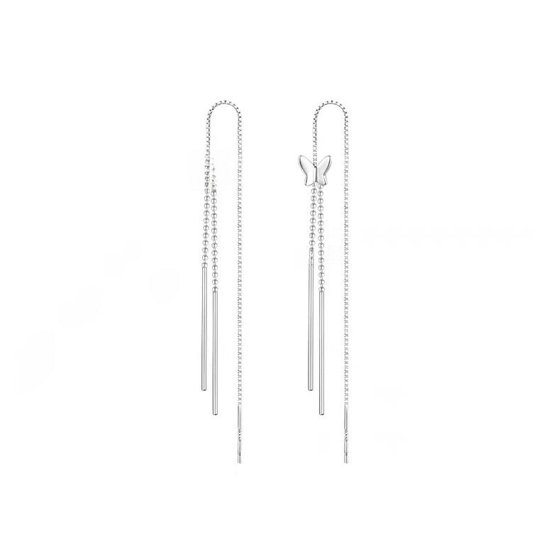Pendientes de Mariposa en Plata S925 – Diseño Enhebrador con Cadenas Colgantes