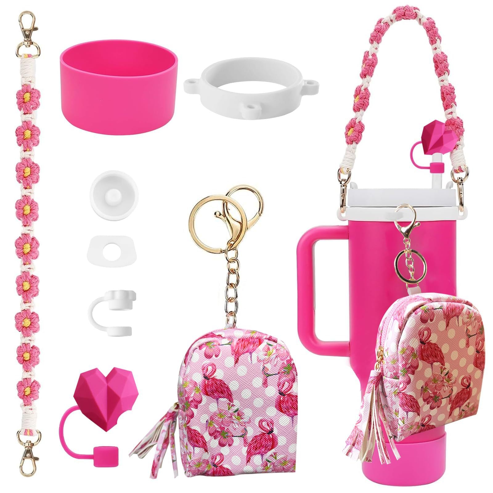 Stanley Flower Straw Cap Set: Silicone Sleeve, Heart Pendant & More (8 pcs)