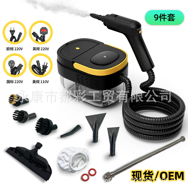Limpiador de vapor portátil 1600ml negro con detalles amarillos, incluye set de 9 piezas y adaptadores para limpieza del hogar.