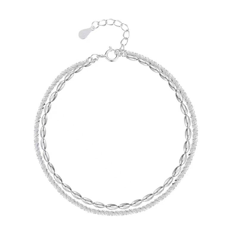 Pulsera de Tobillo en Plata 925 – Doble Capa con Perlas Metálicas y Brillantes