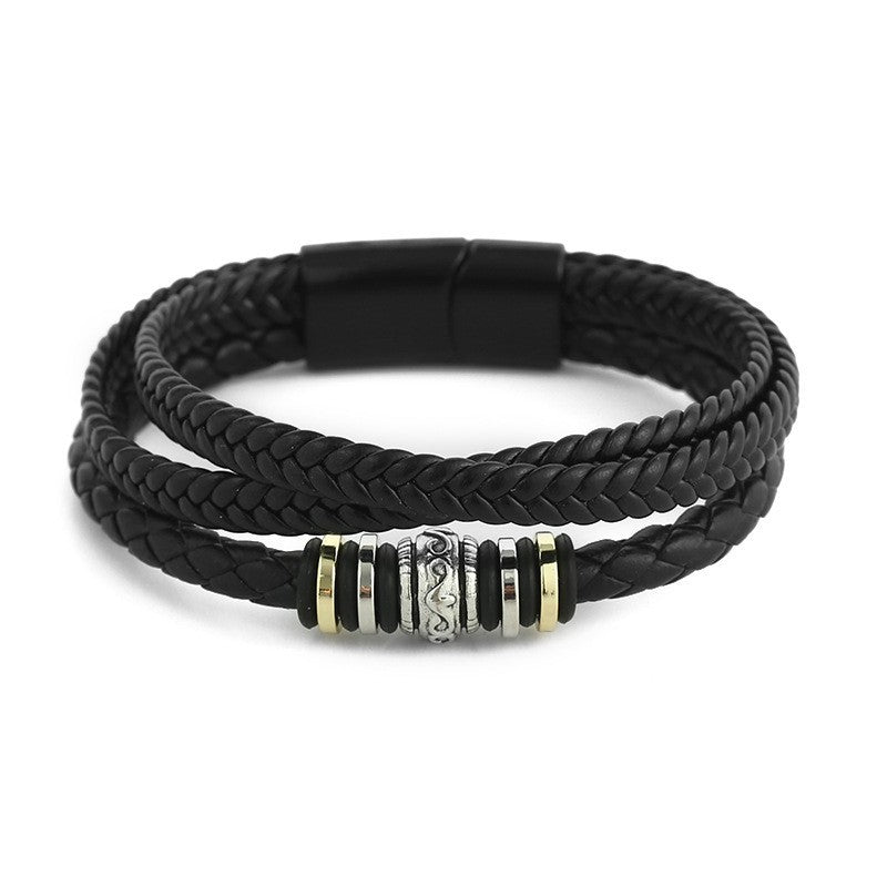 Pulsera de Cuero Trenzado Triple para Hombre – Dije Étnico y Cierre Magnético de Aleación