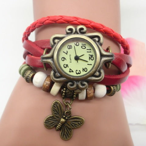 Reloj Boho Chic para Mujer con Pulsera de Cuero Trenzado y Dije de Mariposa