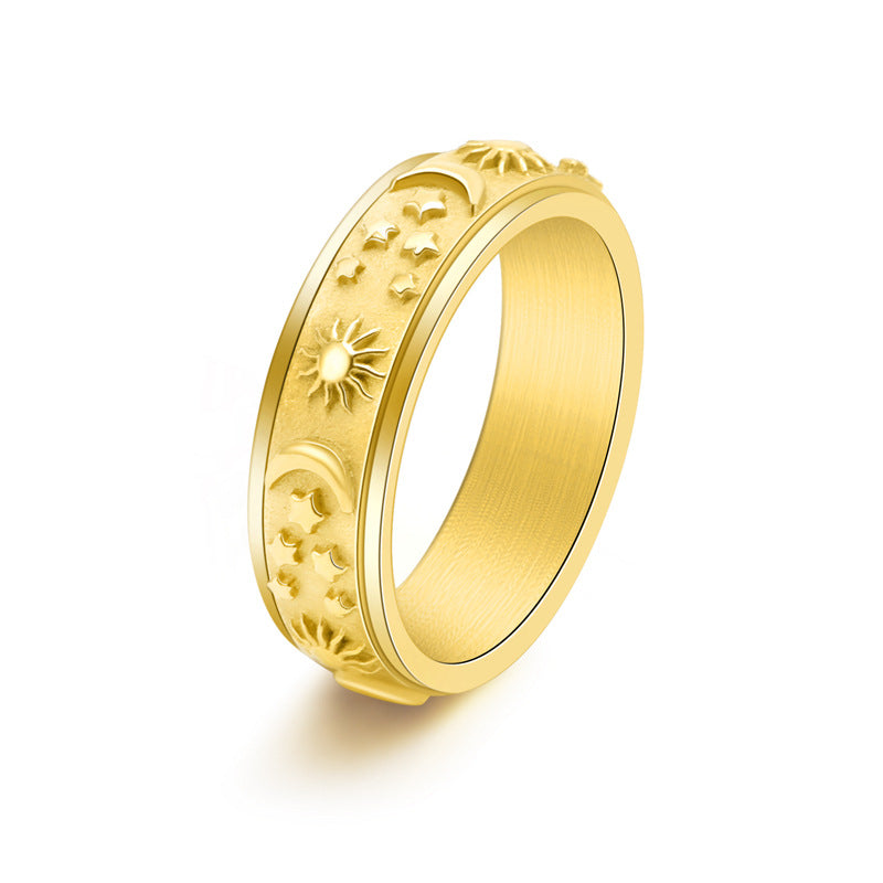 Anillo Antiestrés Grueso Unisex – Sol, Luna y Estrellas en Acero Inoxidable
