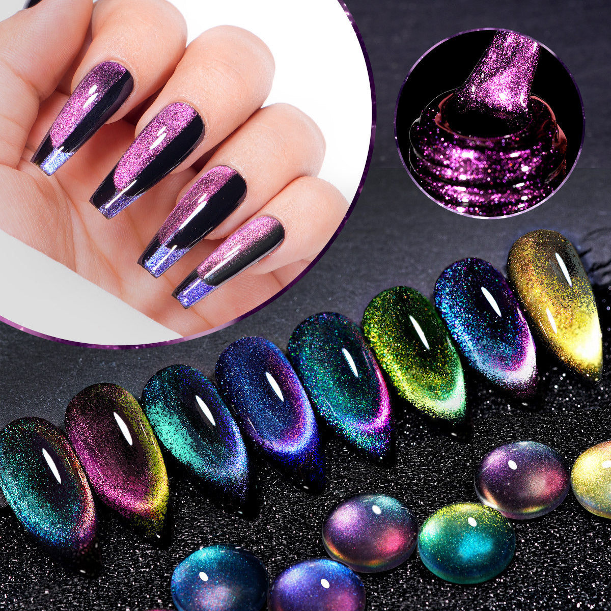 Esmalte de uñas gel duradero con efecto ojo de gato en tonos metálicos. Perfecto para manicuras con brillo intenso y larga duración.