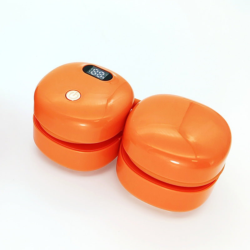 Mini ventilador portátil USB recargable en color naranja, con diseño plegable y pantalla digital. Perfecto para colgar al cuello o colocar en la mesa.