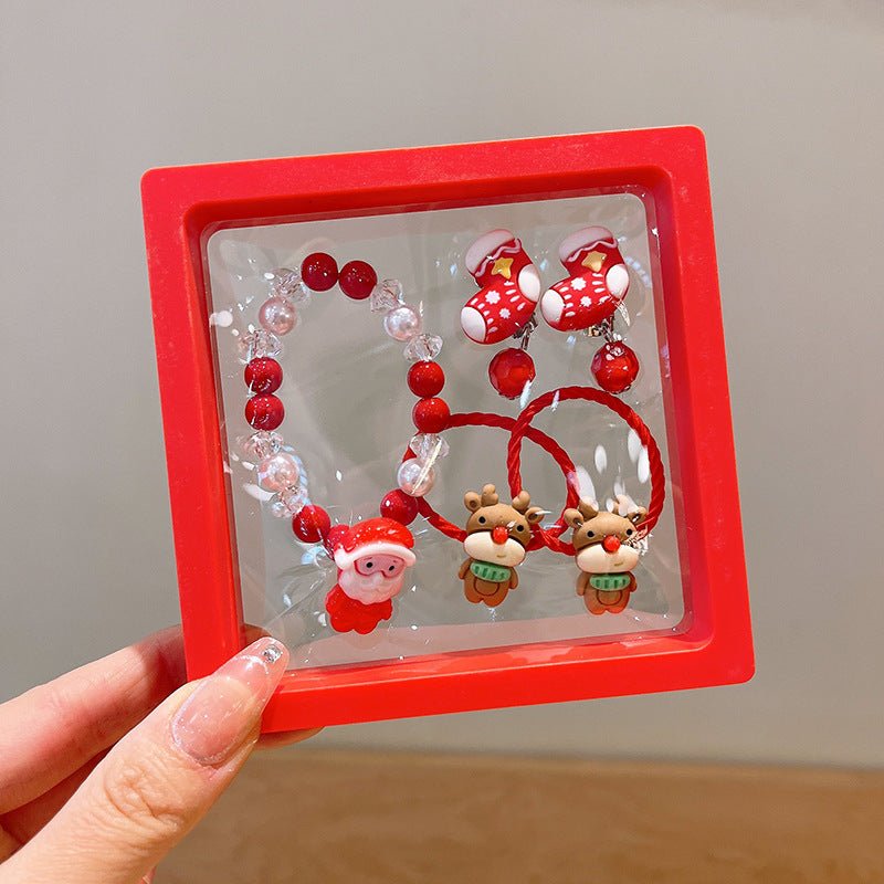 Conjunto Navideño para Niños | Pulseras, Pendientes y Coletas con Diseños de Reno y Santa Claus