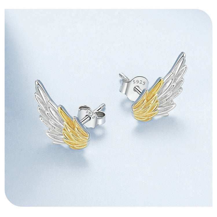 Pendientes Alas Chapadas en Plata 925: Aretes de Alas 3D Bicolor para Hombre y Mujer, Joyas de Plata Esterlina con Textura
