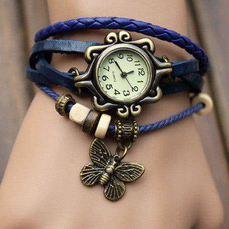 Reloj Boho Chic para Mujer con Pulsera de Cuero Trenzado y Dije de Mariposa