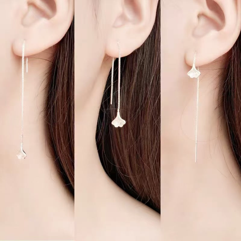 Aretes Enhebrador de Hoja de Ginkgo en Plata 925 – Cadenas Colgantes para Mujer