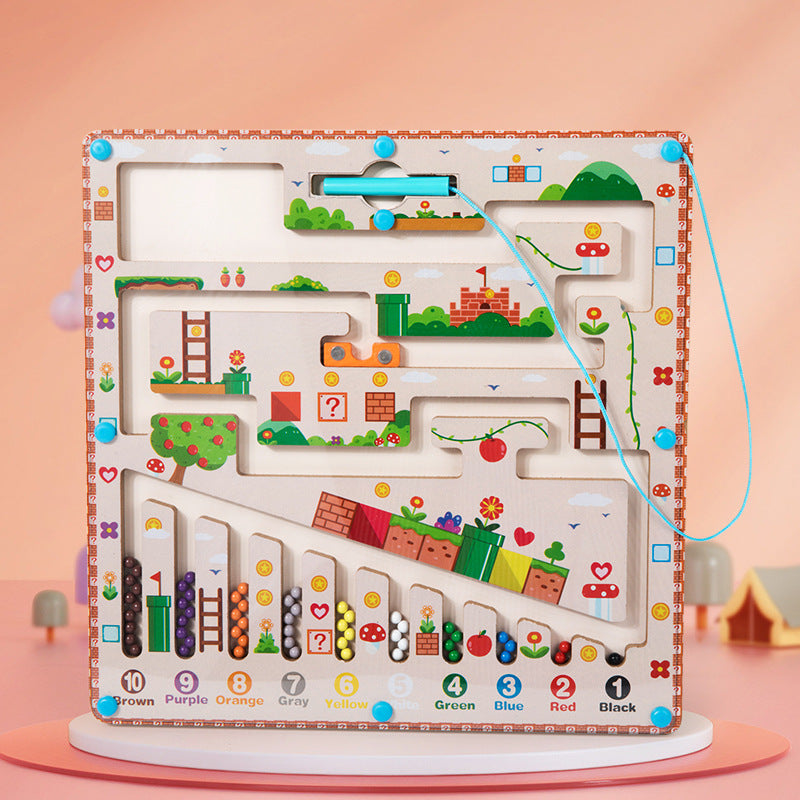 Juego educativo magnético con laberinto de colores y números. Ideal para enseñar clasificación y habilidades motoras a niños pequeños.