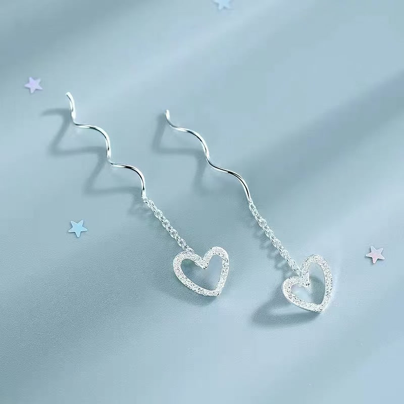 Aretes de Corazón en Plata Pura – Diseño Enhebrador cadena Colgante Estilo Juvenil