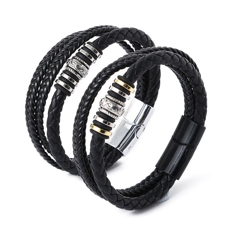 Pulsera de Cuero Trenzado Triple para Hombre – Dije Étnico y Cierre Magnético de Aleación