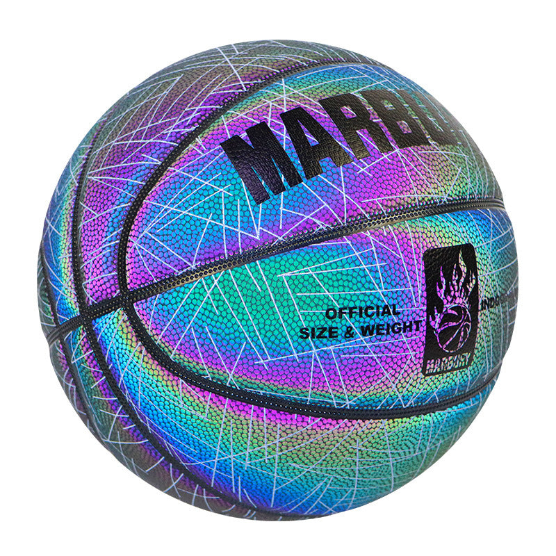 Balón de baloncesto fluorescente MARBURY con diseño multicolor reflectante, ideal para jugar al aire libre y brillar en la oscuridad.