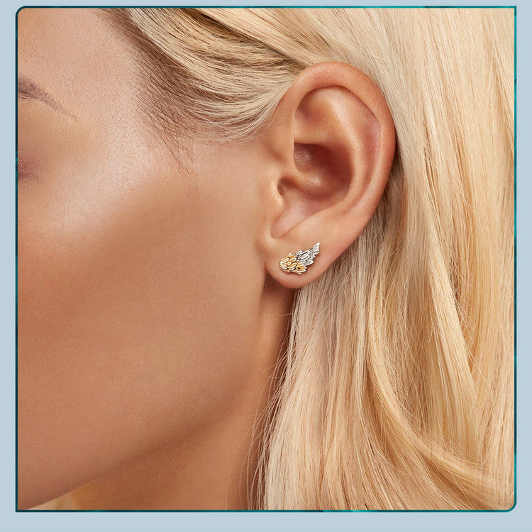 Pendientes Alas Chapadas en Plata 925: Aretes de Alas 3D Bicolor para Hombre y Mujer, Joyas de Plata Esterlina con Textura