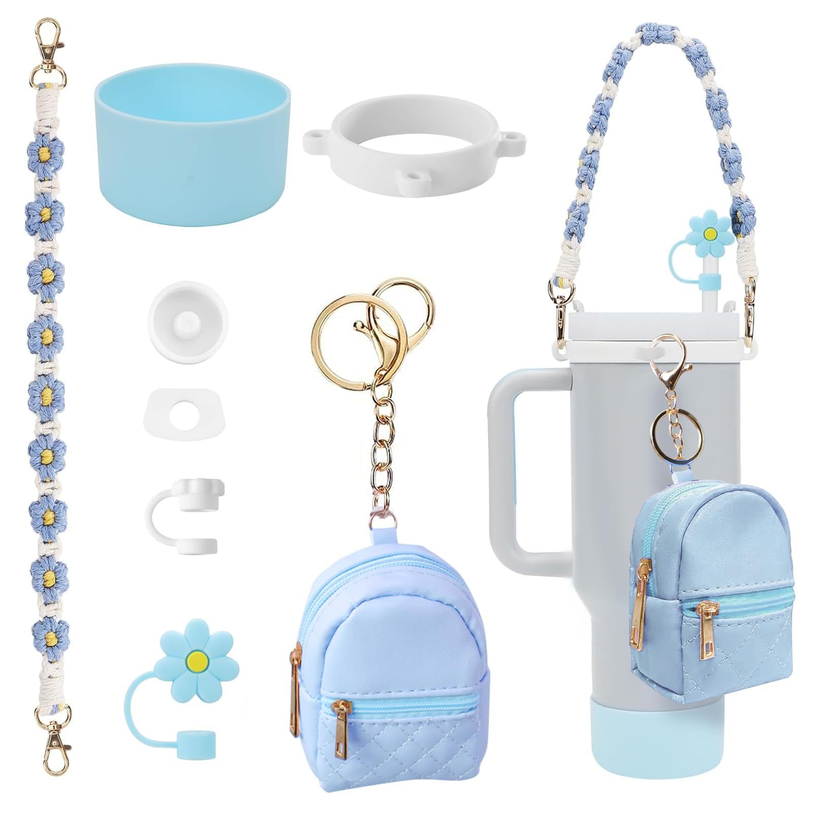 Set de Accesorios para Botella Stanley (8 Piezas) con Tapa de Pajilla, Funda de Silicona y Llavero