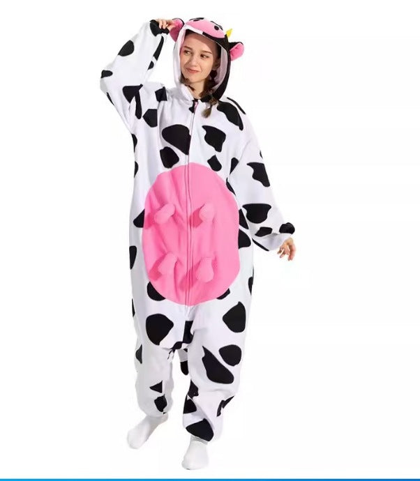 Pijama Enteriza de Invierno con Capucha Diseño de Vaca – Suave y Calientita para Casa