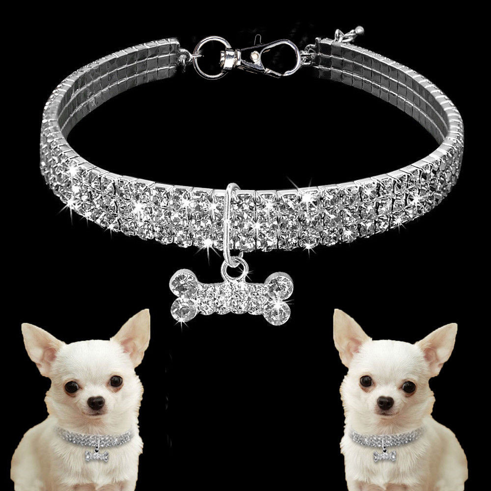 Collar Elástico con Cristales Brillantes y Charm de Hueso para Mascotas