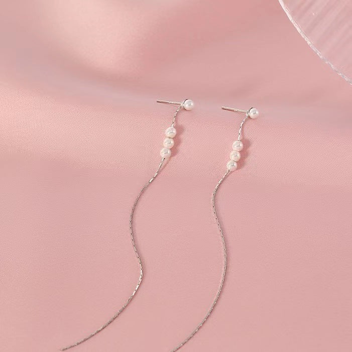 Aretes Largos de Plata 925 con Perlas– Enhebrador Cadena Tipo Serpiente