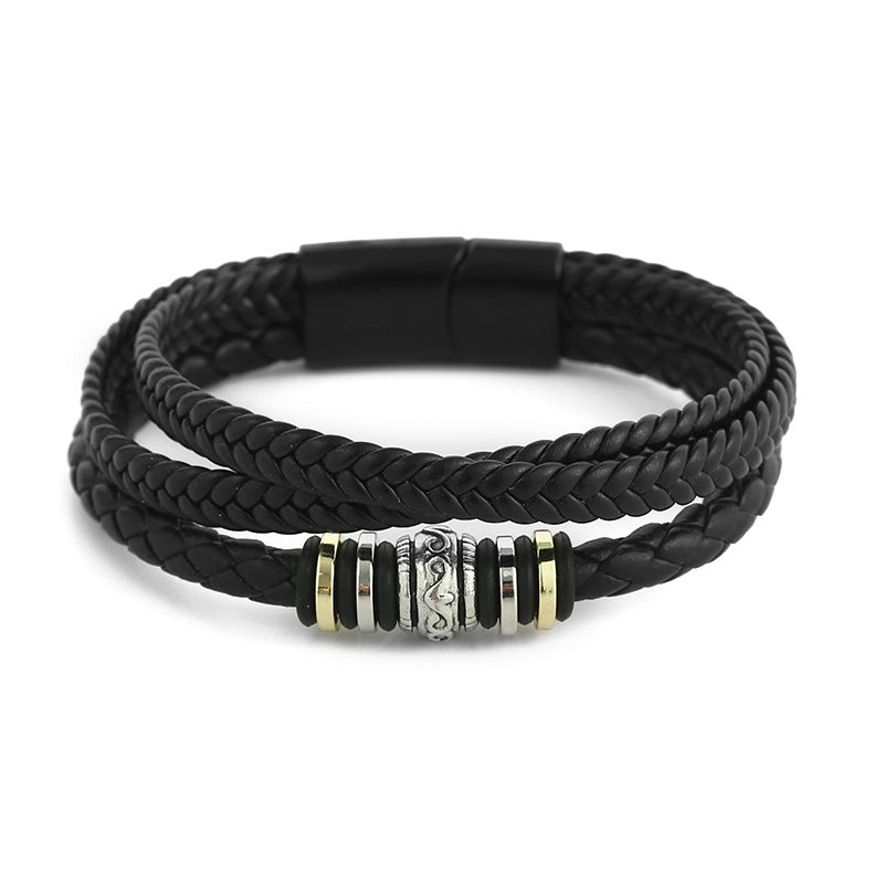 Pulsera de Cuero Trenzado Triple para Hombre – Dije Étnico y Cierre Magnético de Aleación