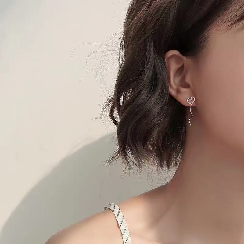 Aretes de Corazón en Plata Pura – Diseño Enhebrador cadena Colgante Estilo Juvenil