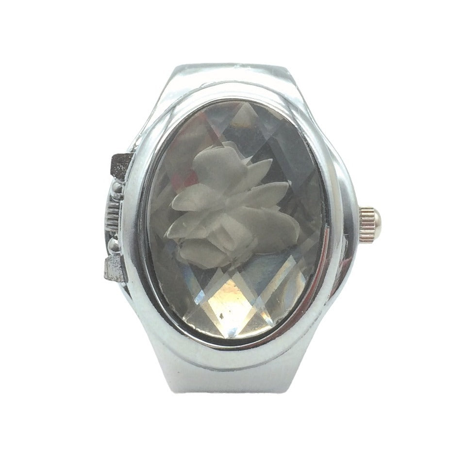 Anillo con reloj oculto bajo tapa en forma de flor