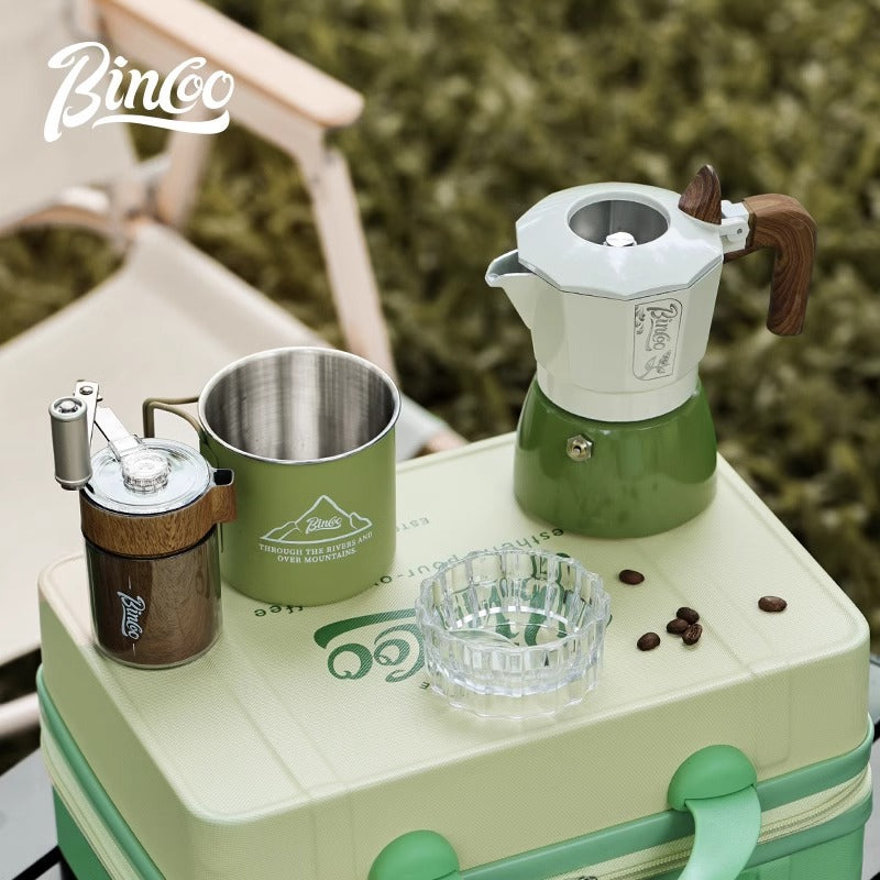 Conjunto de cafetera moka Bincoo: Equipamiento de camping portátil con doble válvula, ideal para preparar café espresso en casa