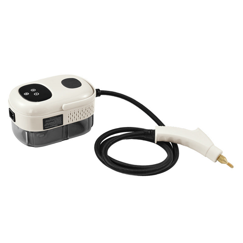 Limpiadora a vapor compacta con manguera flexible y boquilla de precisión, diseñada para desinfección con alta temperatura y presión.