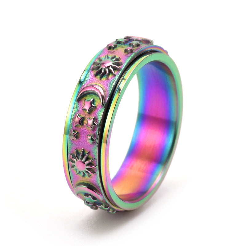 Anillo Antiestrés Grueso Unisex – Sol, Luna y Estrellas en Acero Inoxidable