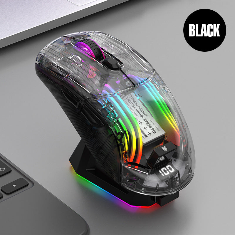 Raton Gaming Inalámbrico RGB XYH20 Pro: Mouse Bluetooth de Tres Modos con Pantalla y Base de Carga Transparente