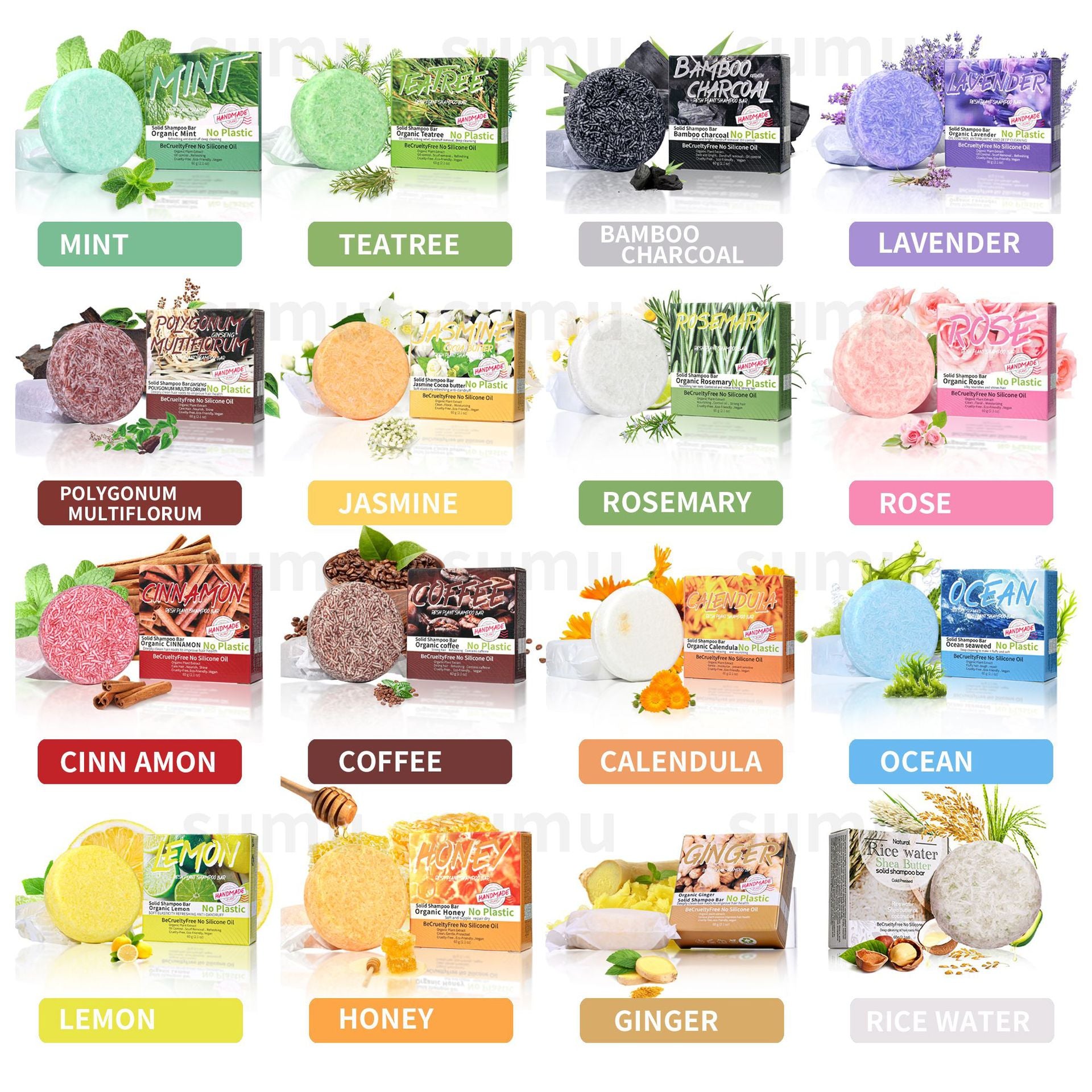 Variedad de jabones sólidos artesanales para el cabello, incluyendo el jabón de canela para cabello limpio e hidratado, sin silicona ni crueldad animal.