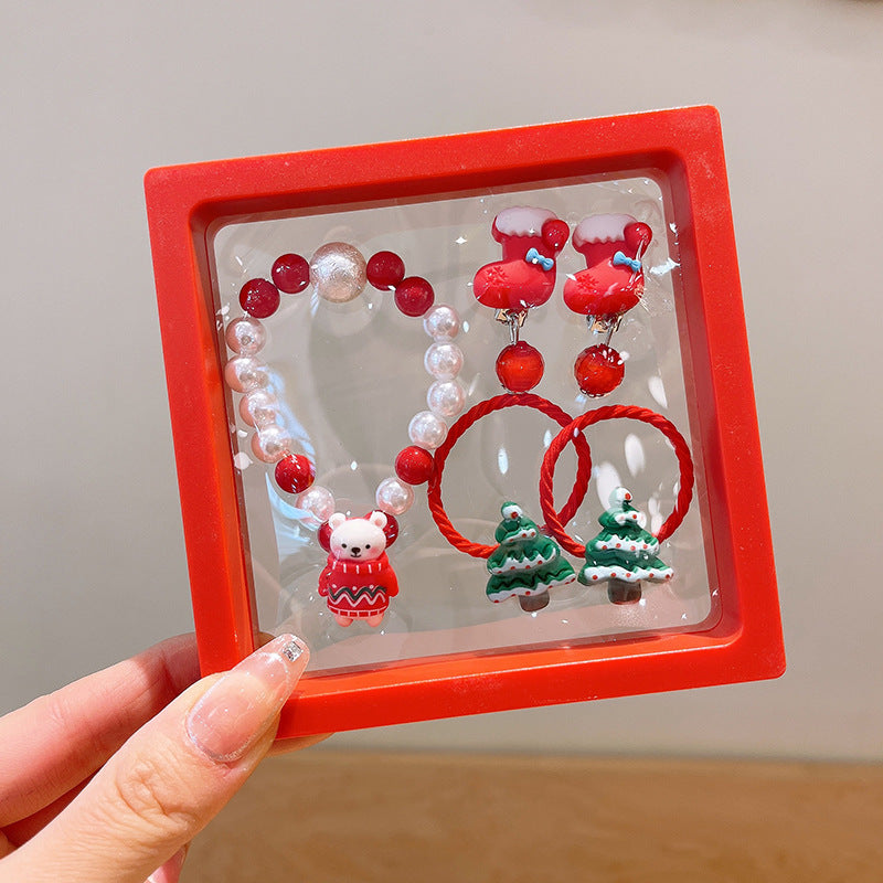 Conjunto Navideño para Niños | Pulseras, Pendientes y Coletas con Diseños de Reno y Santa Claus