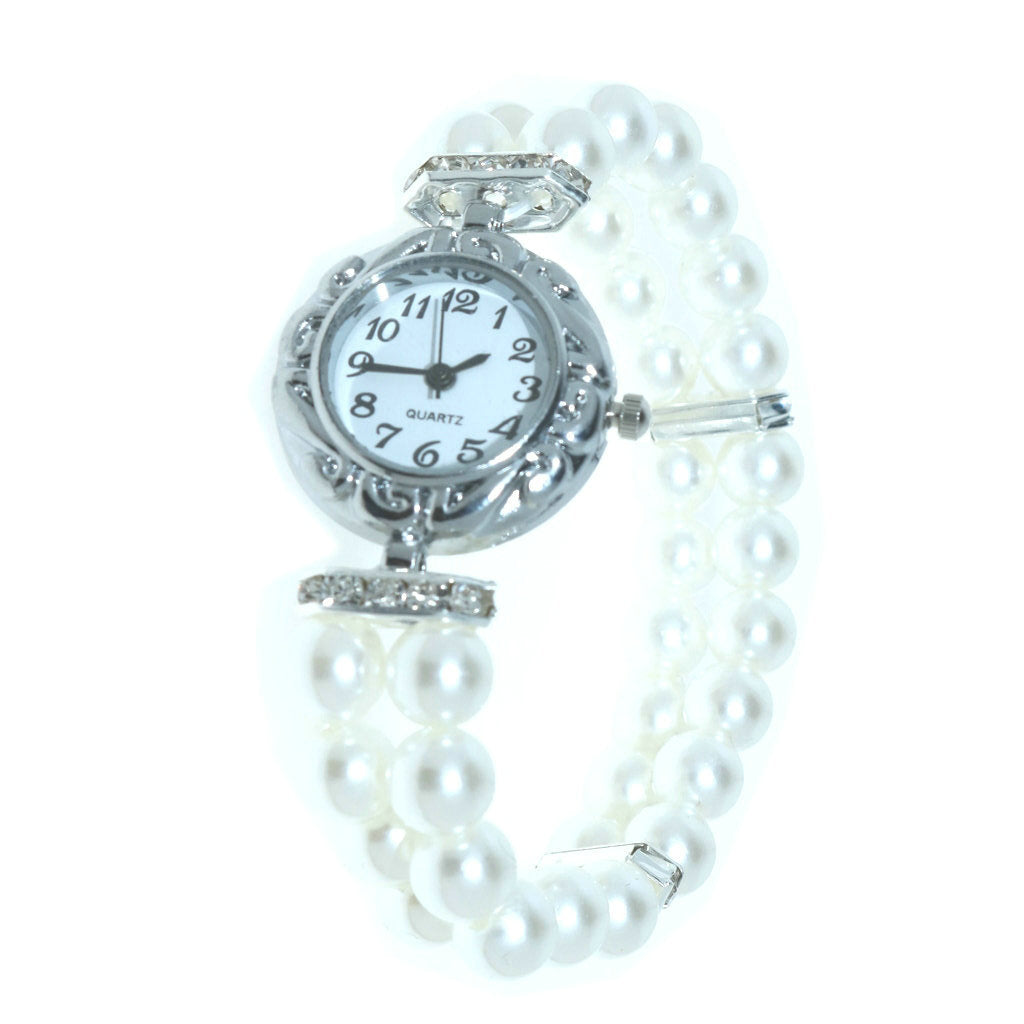 Elastic Pearl Heart Bracelet with Quartz Watch - Japanese Style for Women