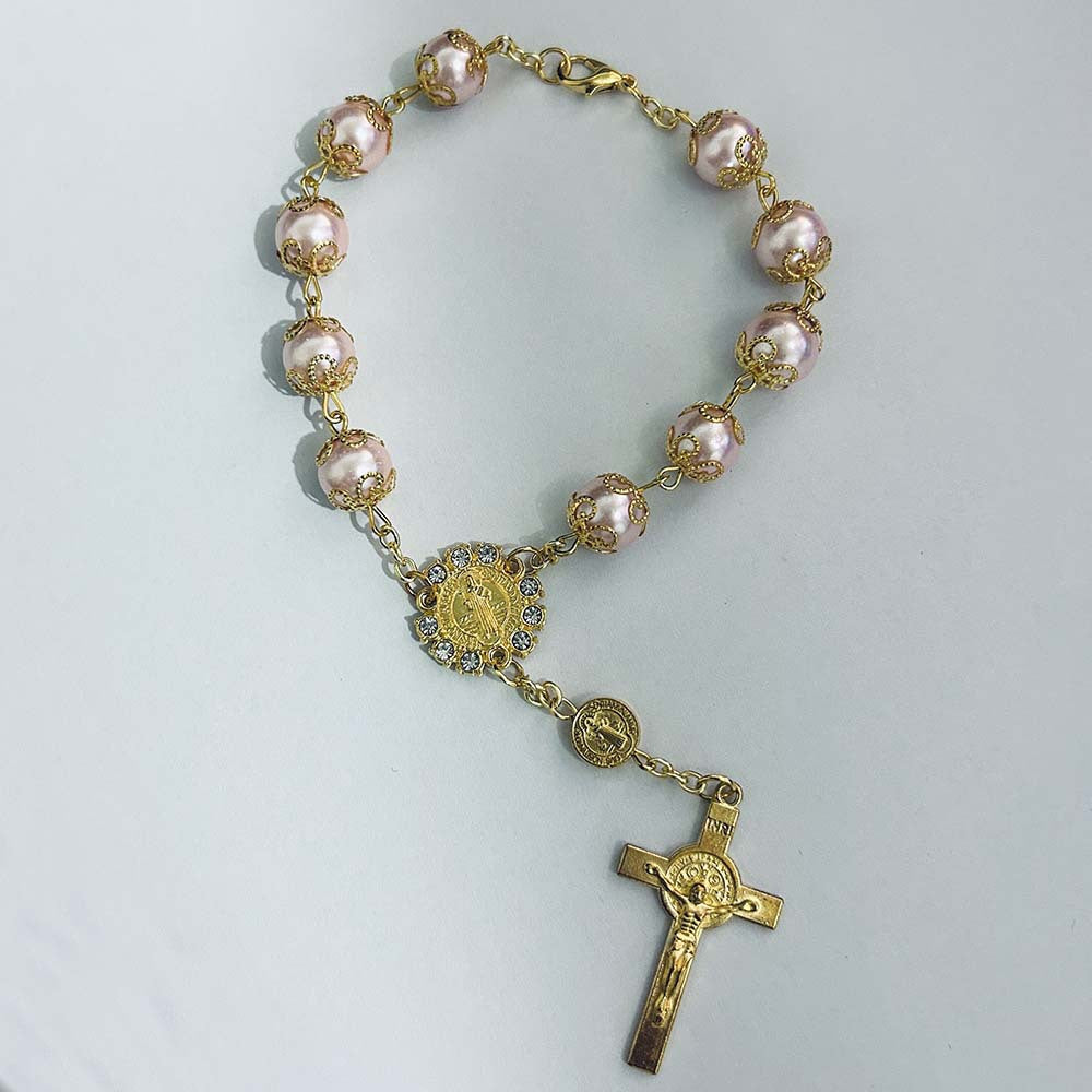 Pulsera de Perlas Sintéticas 10mm con Cruz – Joyeria Religiosa