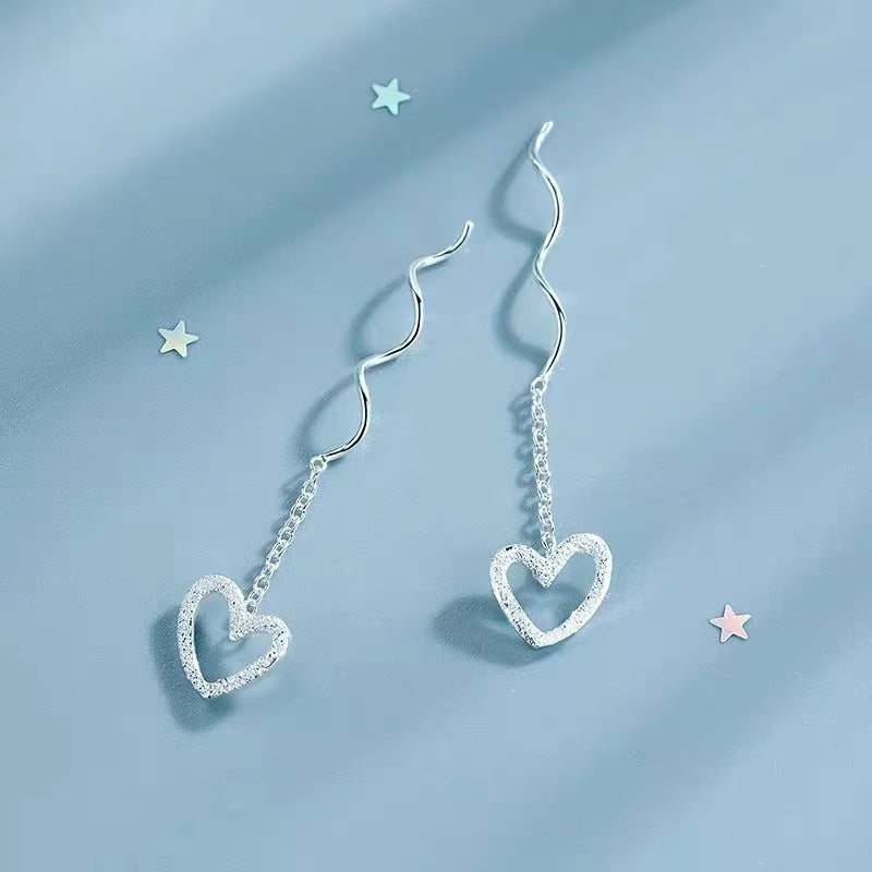 Aretes de Corazón en Plata Pura – Diseño Enhebrador cadena Colgante Estilo Juvenil