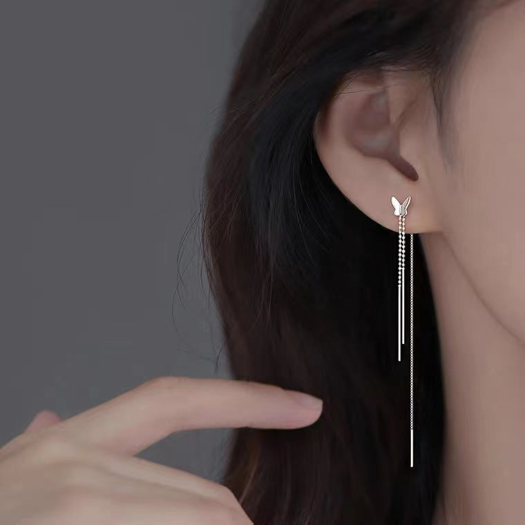 Pendientes de Mariposa en Plata S925 – Diseño Enhebrador con Cadenas Colgantes