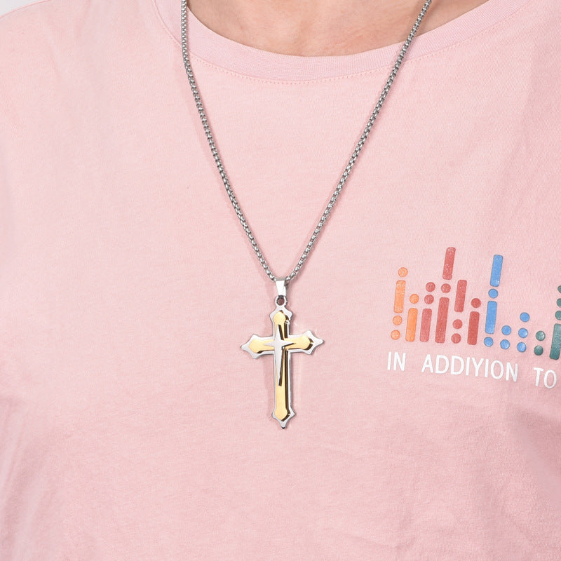 Cadena de Cruz moderna en Capas para Hombre – Acero Inoxidable con Cadena Larga