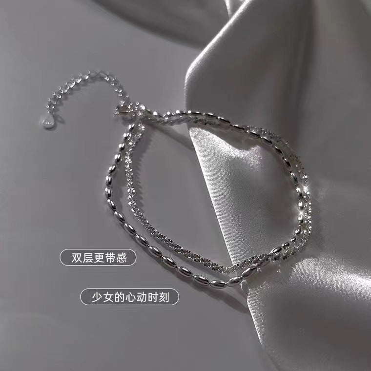 Pulsera de Tobillo en Plata 925 – Doble Capa con Perlas Metálicas y Brillantes
