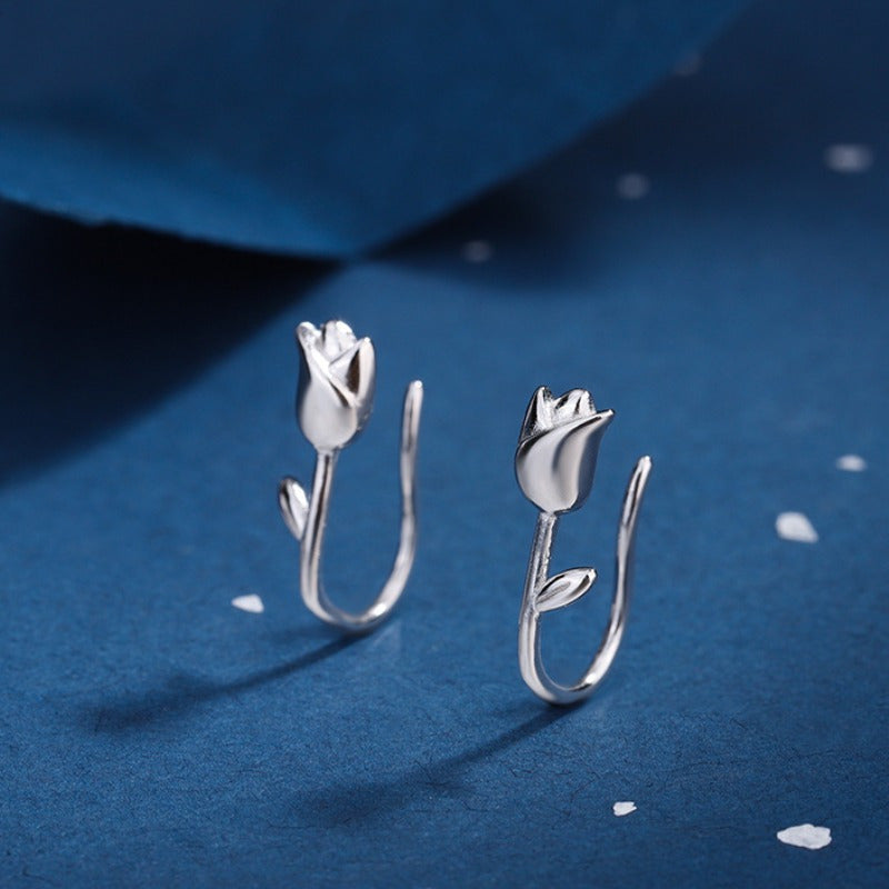 Pendientes Tipo Botón con Flores de Tulipán – Cierre de Gancho para Mujer